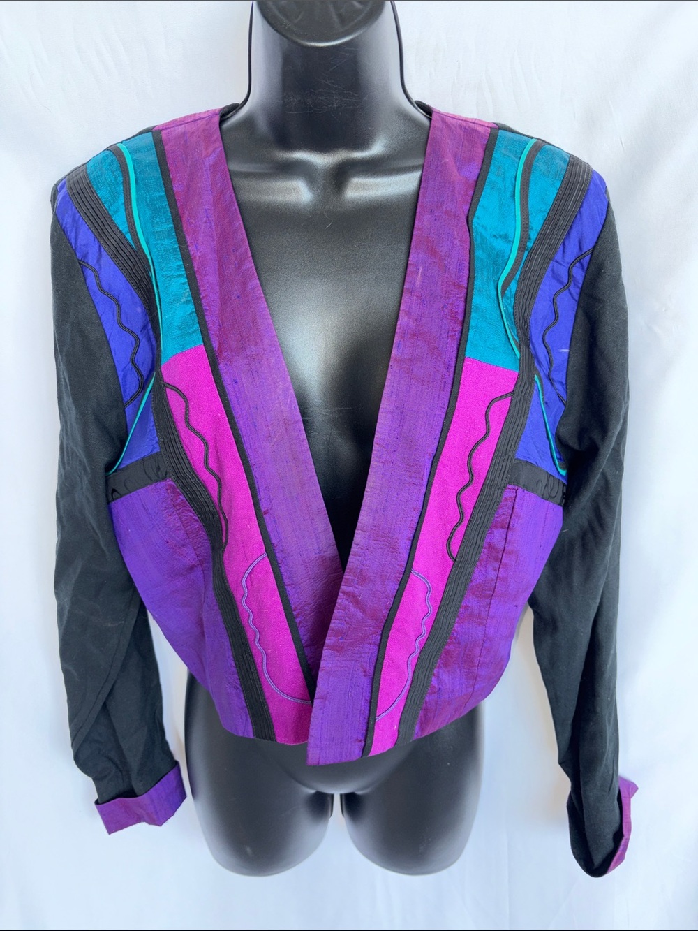 Bonnie Durant Vintage Silk Jacket - Violet, Blue, Turquoise & Black, S, 19” PTP